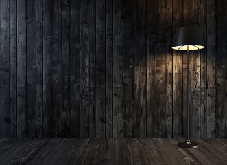 dark room wall with wood paneling, floor lamp on the right side of photo, wall is dark gray color, photo realistic