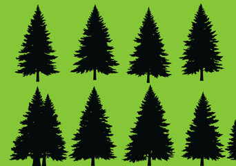 a group of black trees against a green background