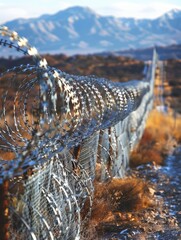 Barbed and razor wire fence. Fencing the state border against immigration