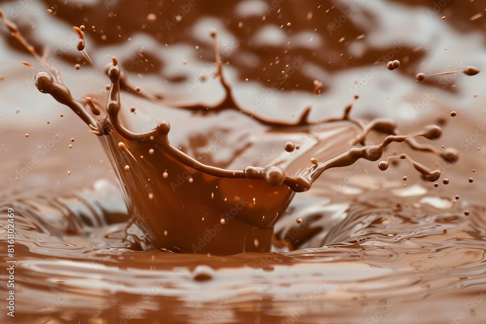 Poster indulge in the dynamic and artistic chocolate splash delight with closeup droplets and a smooth, ric