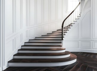 Dark wood staircase in a luxury home with white walls and dark hardwood floors stock photo, high...