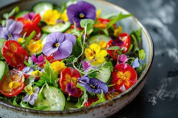Fresh salad of spring vegetables decorated with edible flowers