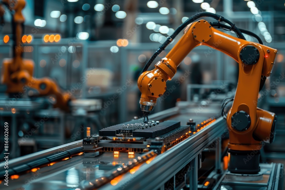Leinwandbilder robotic arm for electronic assembly line. smart modern factory automation using advanced machines.