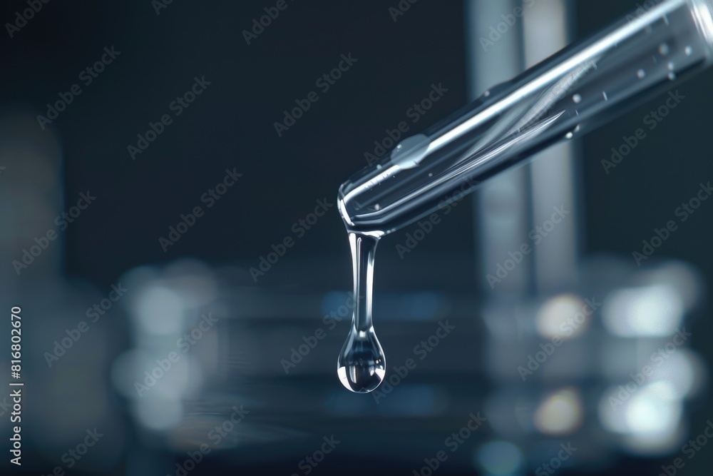 Poster a detailed close-up of a water drop from a faucet. suitable for various design projects