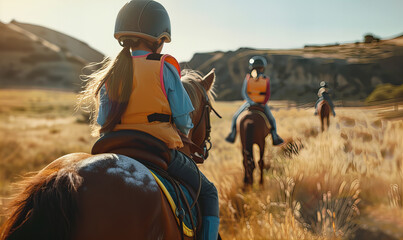 Lively and joyful scene of children riding horses, evoking an adventurous spirit and connection with nature. This image captures the joy and innocence of childhood, ideal for concepts of family 