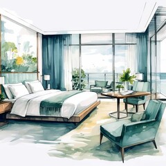 Clean upscale hotel suite flat design side view hospitality luxury theme water color Tetradic color scheme