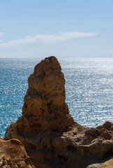 Algar Seco in Carvoeiro. Beautiful Golden Sandstone Rock Formation in Algarve with Atlantic Ocean...