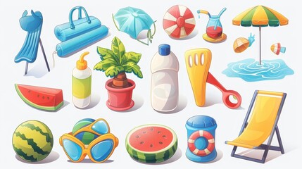 A cute summer game icon set with a watermelon piece and sunglasses, an inflatable ring and ball, an umbrella, and a snorkel mask for beach or pool fun.