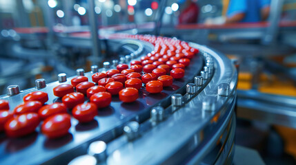 Moving conveyor belt with colored tablets or pills. Medical product production concept
