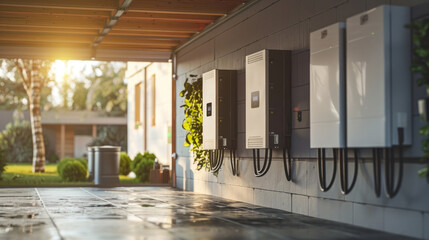 Concept of a home battery packs alternative electric energy storage system at modern home garage wall as backup or sustainable energy concepts.