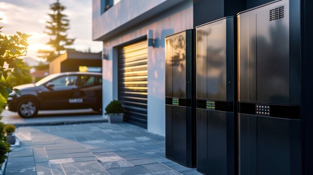 Concept of a home battery packs alternative electric energy storage system at modern home garage wall as backup or sustainable energy concepts.