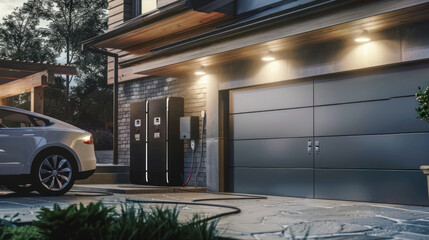 Concept of a home battery packs alternative electric energy storage system at modern home garage wall as backup or sustainable energy concepts.
