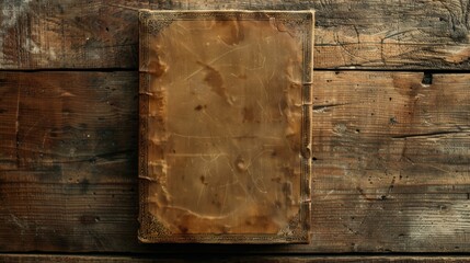Old, worn leather-bound book lying on a wooden surface