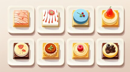 Petite pastry selection flat design top view diminutive desserts theme cartoon drawing Splitcomplementary color scheme