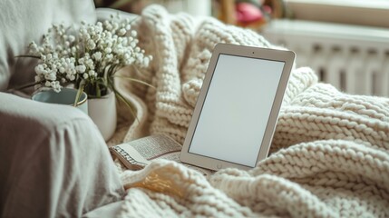 Digital Tablet With Blank Screen Mockup On Cozy Table With Flowers