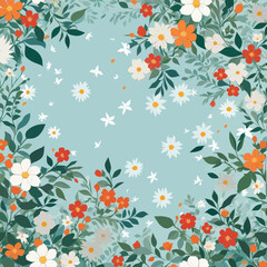 a blue background with white and orange flowers