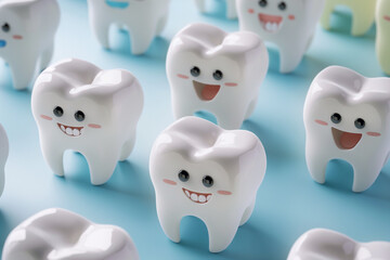 tooth cartoon, Brighten up your dental-themed designs with a cheerful array of white, cute tooth characters, each adorned with a charming smile, set against a soothing blue background
