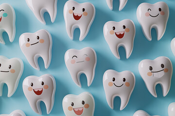 set of tooth, Brighten up your dental-themed designs with a cheerful array of white, cute tooth characters, each adorned with a charming smile, set against a soothing blue background