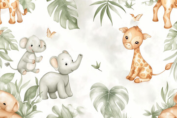 pattern with animals, Delight in the charm of the jungle with an endearing seamless repeating pattern tile featuring adorable jungle animals frolicking against a soft white watercolor background