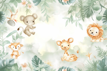 pattern with animals, Delight in the charm of the jungle with an endearing seamless repeating pattern tile featuring adorable jungle animals frolicking against a soft white watercolor background