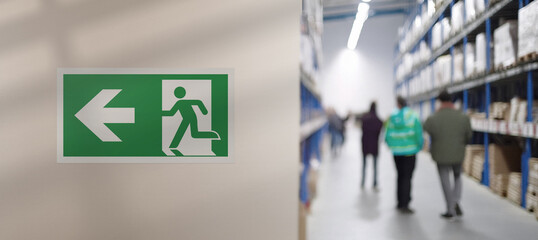 Interior internal corridor of modern warehouse. On the left, an emergency exit sign hanging on the...