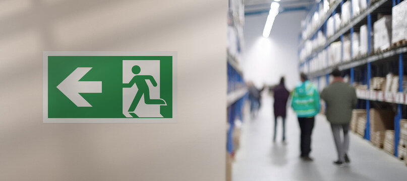Interior internal corridor of modern warehouse. On the left, an emergency exit sign hanging on the wall. Blurred background with workers. Copy space fo text and messages