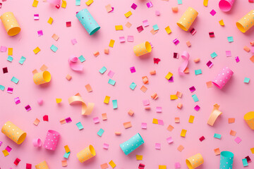 pink background, Elevate your celebrations with a playful pattern composed of colorful confetti and charming shapes scattered randomly against a sweet pink background