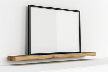 blank billboard on the wall, Elevate your interior design presentations with a sleek modern mockup frame tastefully positioned on a kitchen wooden shelf against a clean white wall background