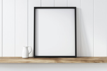 empty white photo frame, Elevate your interior design presentations with a sleek modern mockup frame tastefully positioned on a kitchen wooden shelf against a clean white wall background