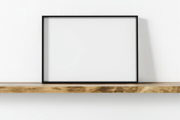 photo frame on wall, Elevate your interior design presentations with a sleek modern mockup frame tastefully positioned on a kitchen wooden shelf against a clean white wall background