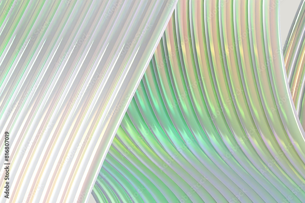 Fototapete Pearlescent iridescent shiny 3D wavy lines abstract background