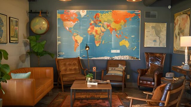 A living room featuring a prominent world map hanging on the wall, adding a touch of global flair to the decor.