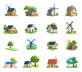 a bunch of different houses and windmills