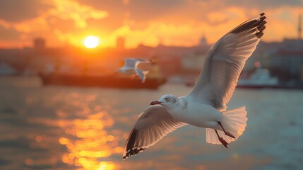 Beautiful seagull flying over the sea with ships and city in the background. A photo of an elegant white bird on the wing against a backdrop of water, ships and skyline at sunset.