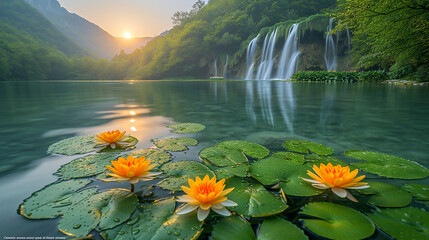 a pond lily pad with beautiful yellow flowers and water stream flowing from a high cliff, surrounded by lush greenery, clear and delicate water flow, - Powered by Adobe