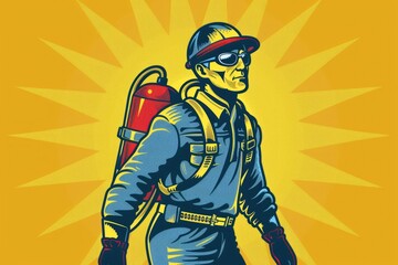 Naklejka premium A man carrying a fire extinguisher on his back. Suitable for fire safety concepts