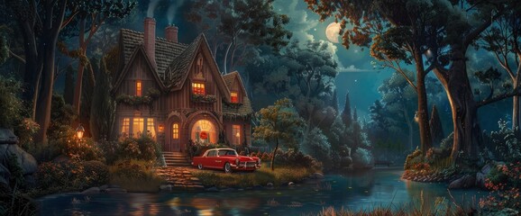 A Cartoon House In The Woods With Lights On, A Red Car Parked Outside At Night, In The Style Of Anime, Beautiful, Colorful, Detailed, Moonlight Shining Through The Trees