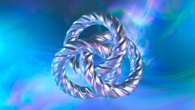 3D iridescent metallic twisted rings with fractal flame background.