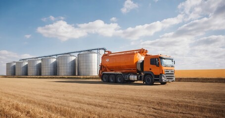 Agricultural silo truck of orange color on the territory of grain storage in sunny weather. Yellow fields with harvested crops in the background. Agriculture Banner. Ai generation