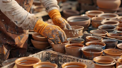 Worker in orange gloves organizing handcrafted pottery pieces in crates at an artisan fair