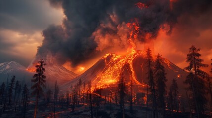 Fototapeta premium Erupting volcano with molten lava flowing through a burning forest under a dramatic sky.