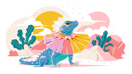Fototapeta premium Colorful Illustrated Lizard in a Desert Landscape at Sunset. Vector illustration