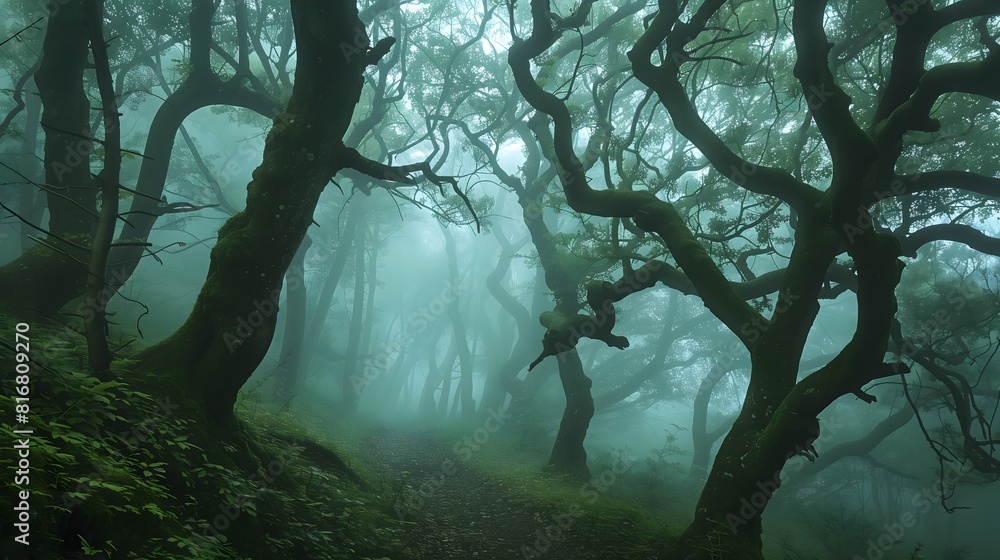 Aufkleber mysterious foggy forest with twisted trees and hidden paths