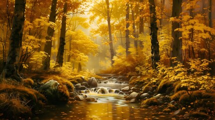 An autumn forest with golden leaves and a gentle stream