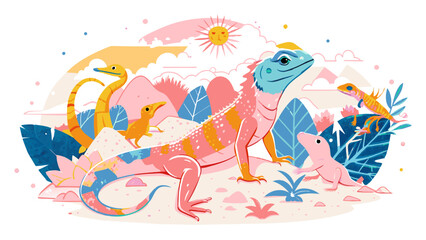 Colorful Illustrated Reptiles in a Tropical Habitat Scene. Vector illustration