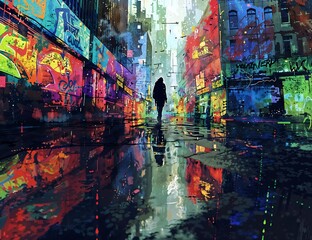 Naklejka premium “A lone figure traverses a vibrant urban landscape, mirrored in the wet ground, amidst buildings adorned with colorful graffiti.