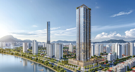 Futuristic Cityscape A Vision of Progress with Soaring Skyscrapers Amidst Majestic Mountains and Clouds Wallpaper Digital Art Poster Brainstorming Map Magazine Background Cover