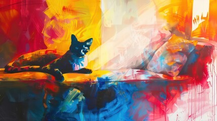 A cat is sitting on a couch with a colorful background