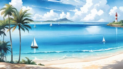 a painting of a beach with sailboats and palm trees