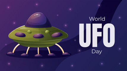 World UFO Day. Vector horizontal cartoon holiday banner with cartoon illustration of a flying saucer in space.